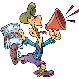 Paperboy selling newspapers shouting through megaphone