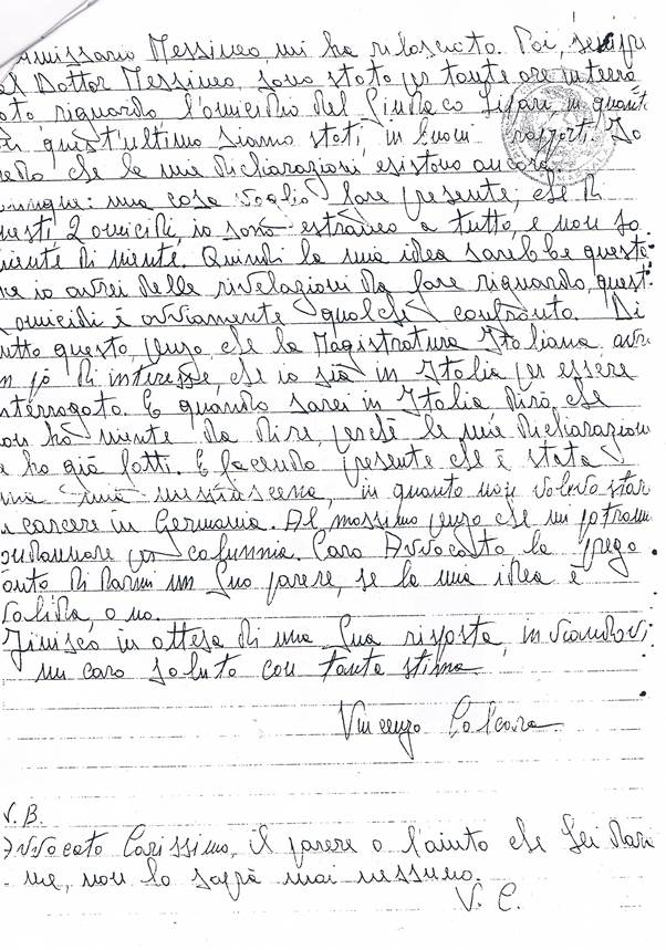 La lettera scritta da Calcara all'avvocato Pantaleo il 15 ottobre 1983