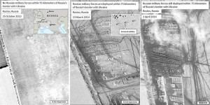 Base russa ai confini con l'Ucraina fotografata nell'ottobre 2013 e nel marzo e aprile 2014