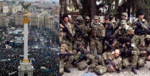 A sinistra le proteste di piazza Maidan - A destra i "pacifici dimostranti" in Ucraina Orientale
